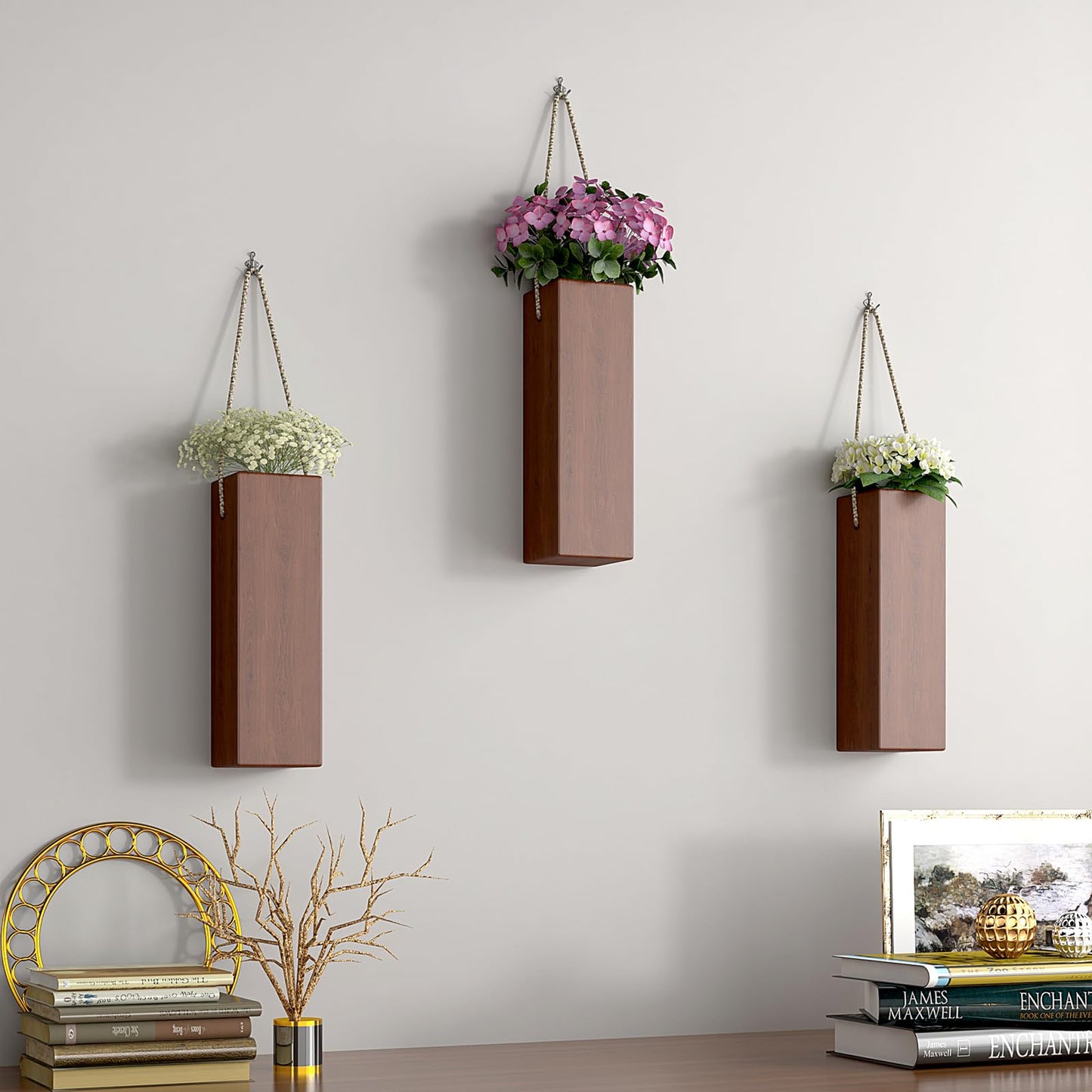 Ciwuchan Wall Mount Wood Vase for Living Room,Modern Wood Planter Art Decor for Fake Plants Greenery Flowers,Farmhouse Bedroom Kitchen Dinning Bathroom Home Office Decoration (Brown)