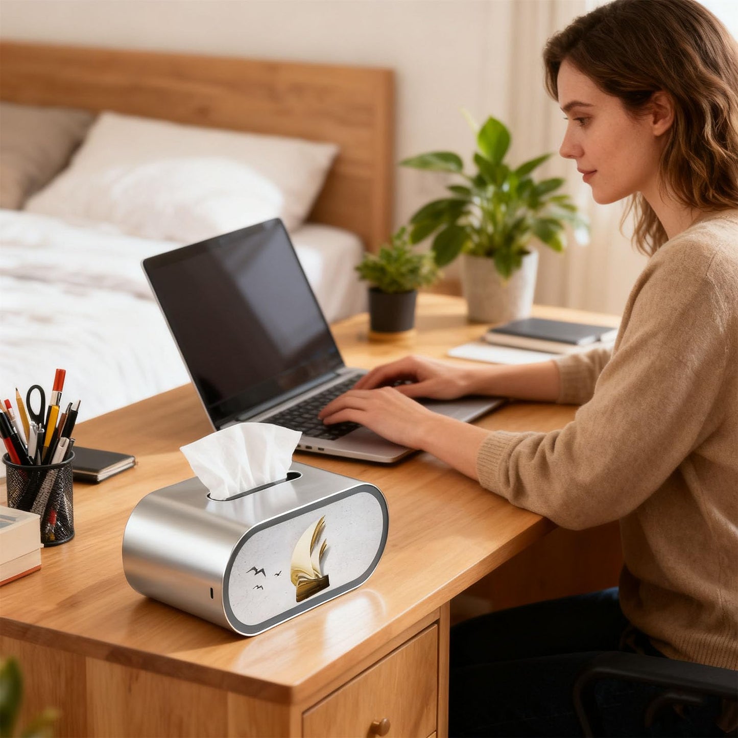 LED Tissue Box Cover,Modern Artistic Large Opening Pop-up Tissue Box Holder with Night Light,Rechargeable Oval Tabletop Napkin Box, Creative Facial Tissue Box for Bedroom,Desk,Dressing Table