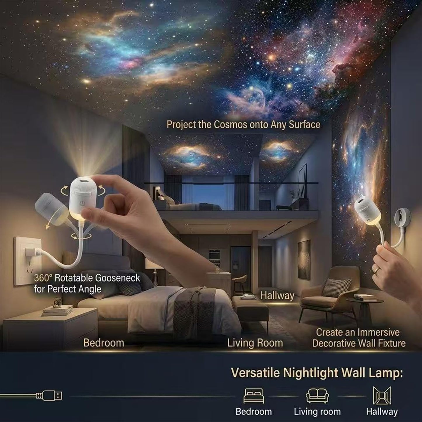 KoudHug 2-in-1 Galaxy Projector Night Light,USB Portable Starry Sky Night Light Projector for Bedroom,Adjustable Brightness 360° Rotating Design,Mini LED Nightlight Wall Lamp for Adults and Kids