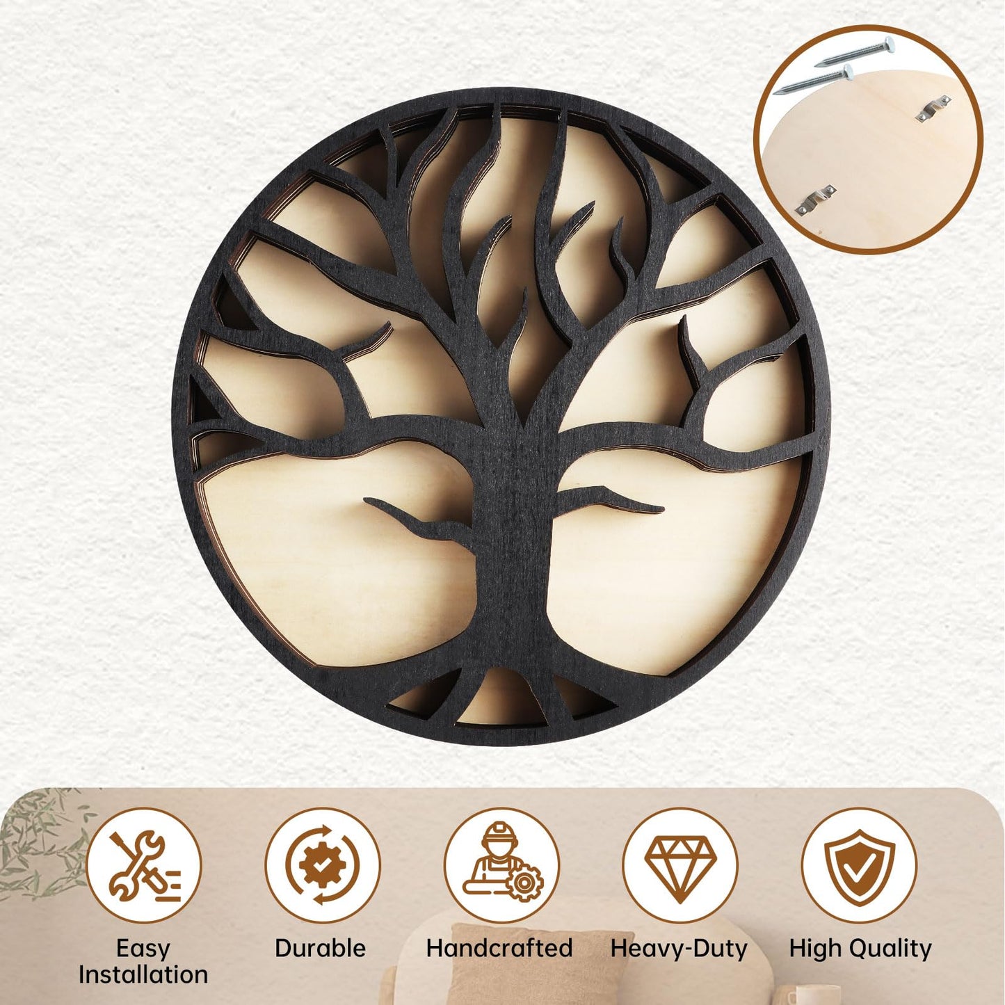 Wooden Crystal Display Shelf Tree of Life Floating Shelf for Rocks, Stones, Crystals, Essential Oils Storage, Wall Mounted Shelf, Gothic Rustic Boho Style Wall Art Decor, 11.8x11.8 inches