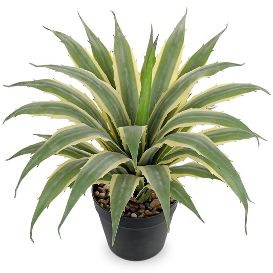 Hollyone Large Artificial Agave Plants 16.9" Tall Fake Agave Plant in Black Pot with Real Stone Pebbles Faux Succulent Aloe Tropical Plants Potted for Indoor Outdoor Home Patio Garden Decor
