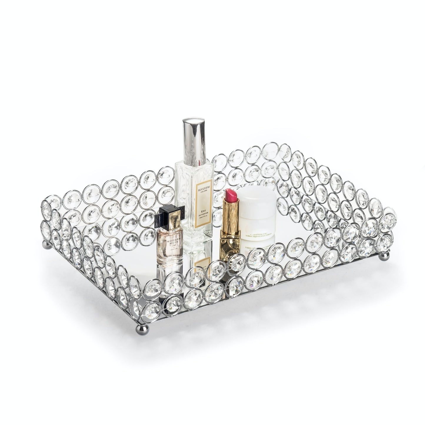 Feyarl Crystal Vanity Makeup Perfume Tray Ornate Jewelry Trinket Organizer Cosmetic Decorative Tray Skin Care Storage for Home Dressing Table Wedding Decoration(Rectangle 12" x 8")