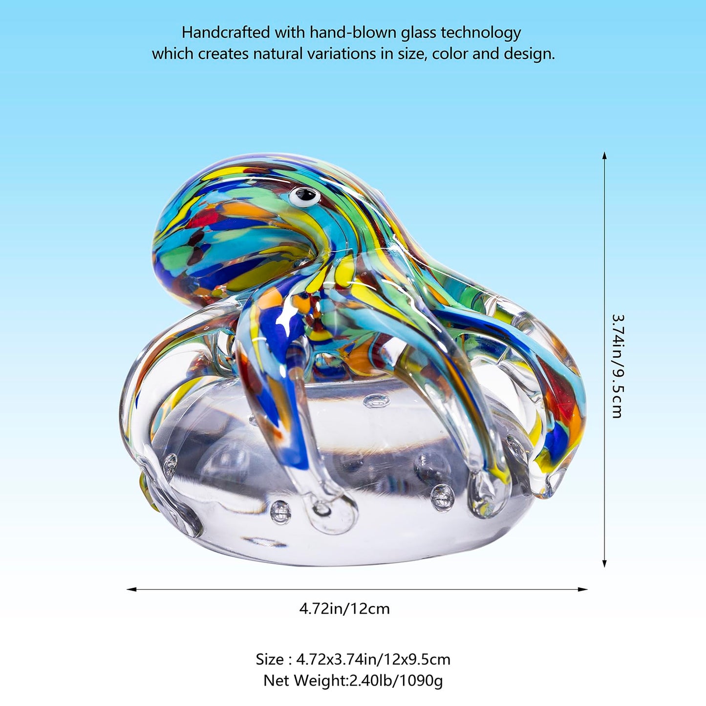 LLAVVD Hand Blown Art Glass Octopus Figurine on Crystal Ball | Handmade Sea Creature Collectible, Ocean Theme Desk Paperweight & Aquarium Decor (Turquoise)