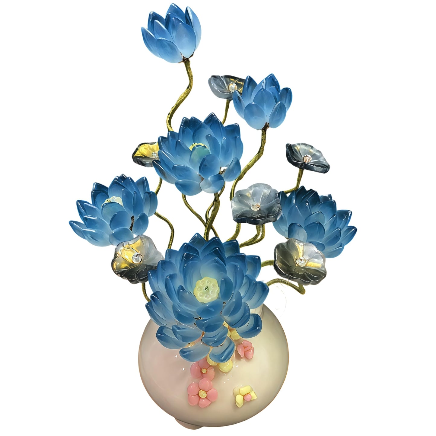 Handmade Art Glass Lotus Flower Arrangement in Vase, Blue Glass Floral Sculpture, Elegant Home Decor Accent, Decorative Centerpiece Gift for Mom, Women, Housewarming (Sapphire Blue)