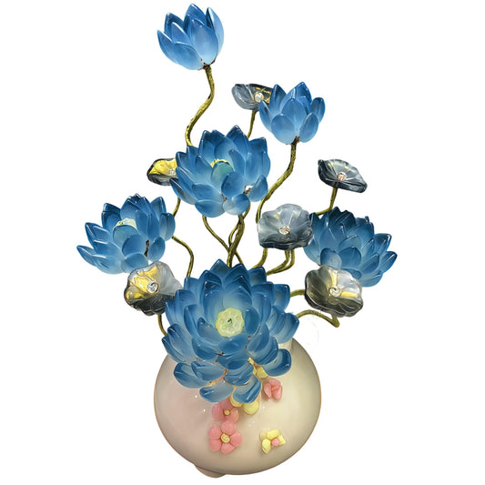 Handmade Art Glass Lotus Flower Arrangement in Vase, Blue Glass Floral Sculpture, Elegant Home Decor Accent, Decorative Centerpiece Gift for Mom, Women, Housewarming (Sapphire Blue)
