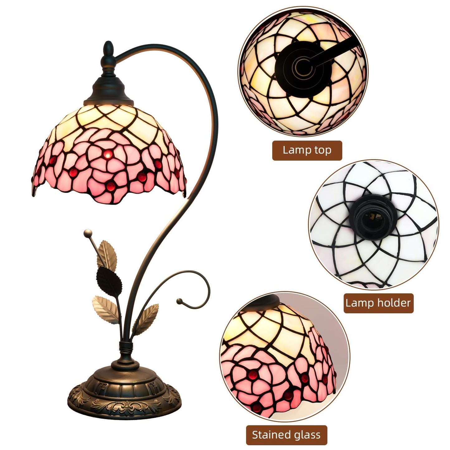 wecrejoni Tiffany Style Cherry Blossom Stained Glass Table Lamp Cute Small Table Lamp Bedroom Bedside lamp Living Room Dining Room Office Decoration Desk lamp Home Decoration Creative Gift Scene Props