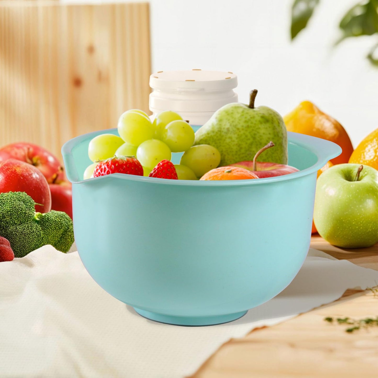 Nesting Plastic Mixing Bowls, Set Of 3, 1.5 quart, 2 quart, 2.5quart, Nesting Bowls with Non Slip Base and Easy Pour Spout, Dishwasher Safe (Green Pink Grey)