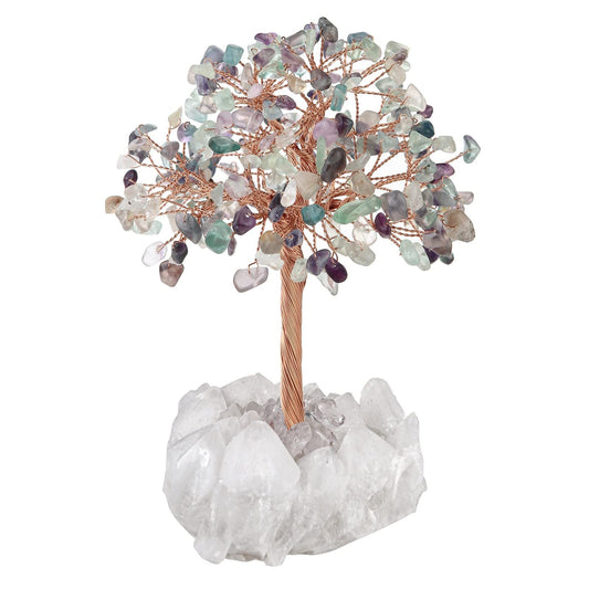 TUMBEELLUWA Crystal Chips Money Tree with Natural Rock Crystal Cluster Base Handmade Stones Figurine Bonsai Tree for Good Luck and Wealth, Fluorite