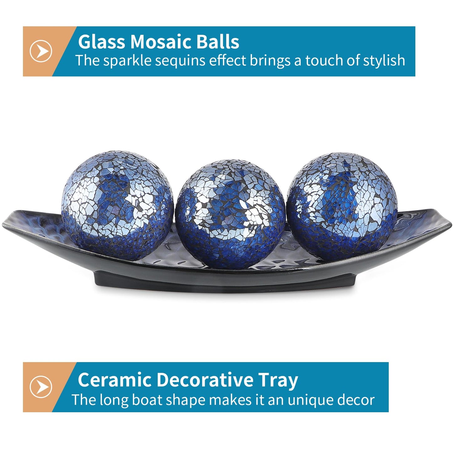 Sanbege 16" Large Ceramic Decorative Tray and 4" Glass Mosaic Balls Set of 4, Long Boat Shaped Centerpiece Bowl and Orbs Set for Home, Party Decor (Blue)