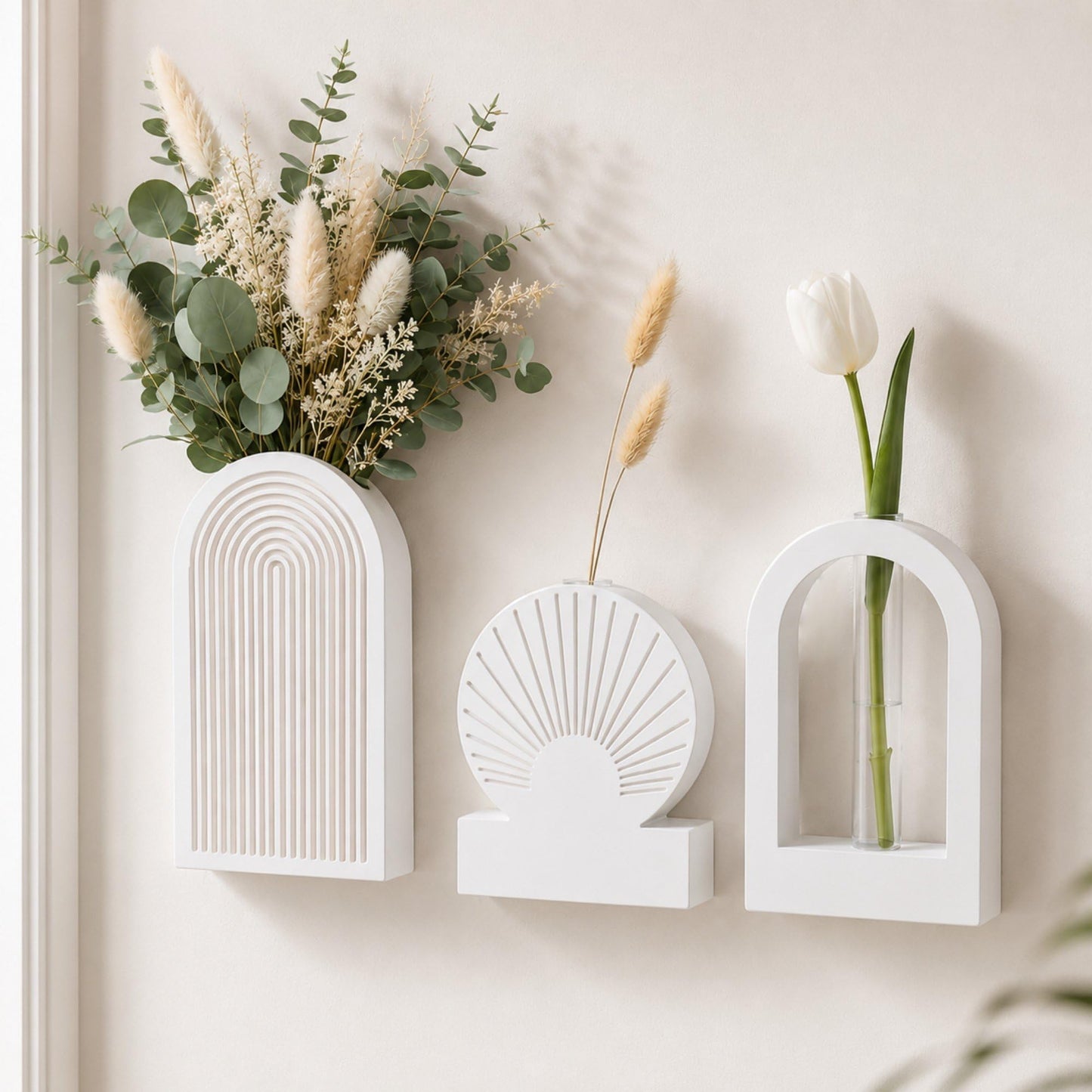 TBWIND White Wooden Wall Vases for Flowers Set of 3, Propagation Planter with 2 Glass Tubes, Modern Farmhouse Hanging Wood Decor for Living Room, Entryway