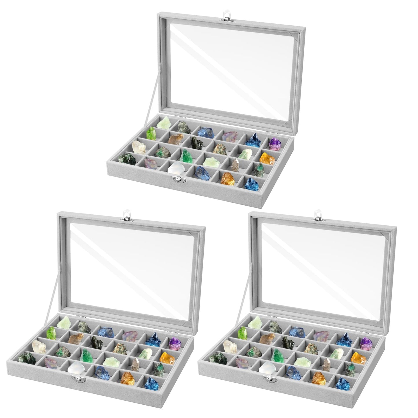 DOODLREAM 3PCS Grey Rock Display Boxes with Clear Glass Lid, 24-Slot Large Flocking Lined Rock Crystal Storage Organizer Case, 11.14x8x1.81 Inch Earring Tray & Ring Holder, Jewelry Showcase