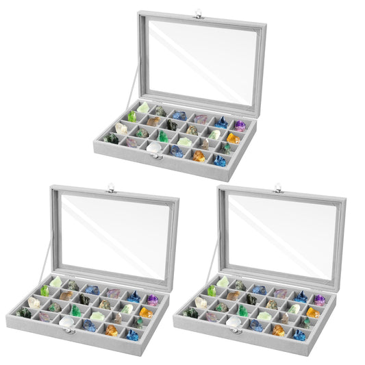 DOODLREAM 3PCS Grey Rock Display Boxes with Clear Glass Lid, 24-Slot Large Flocking Lined Rock Crystal Storage Organizer Case, 11.14x8x1.81 Inch Earring Tray & Ring Holder, Jewelry Showcase