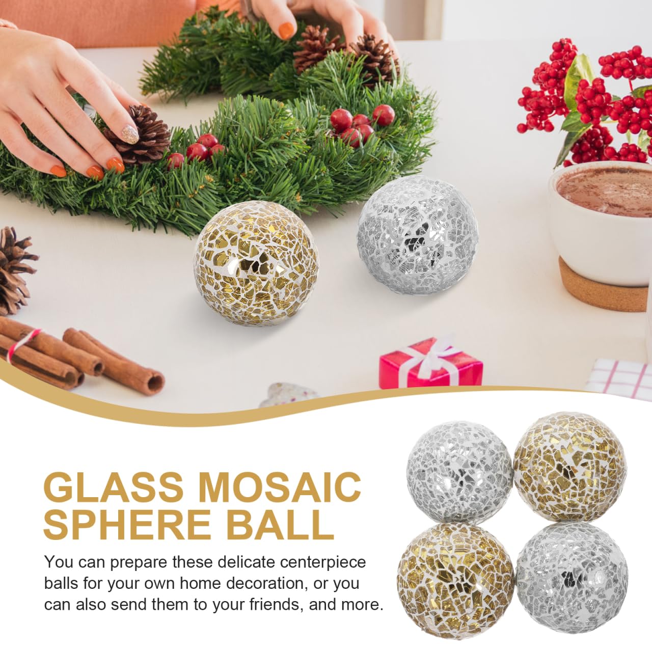 Amosfun 4Pcs Mosaic Glass Balls 3.1 Inch Decorative Orbs for Bowls Table Vases Home Decor Accents Silver and Gold