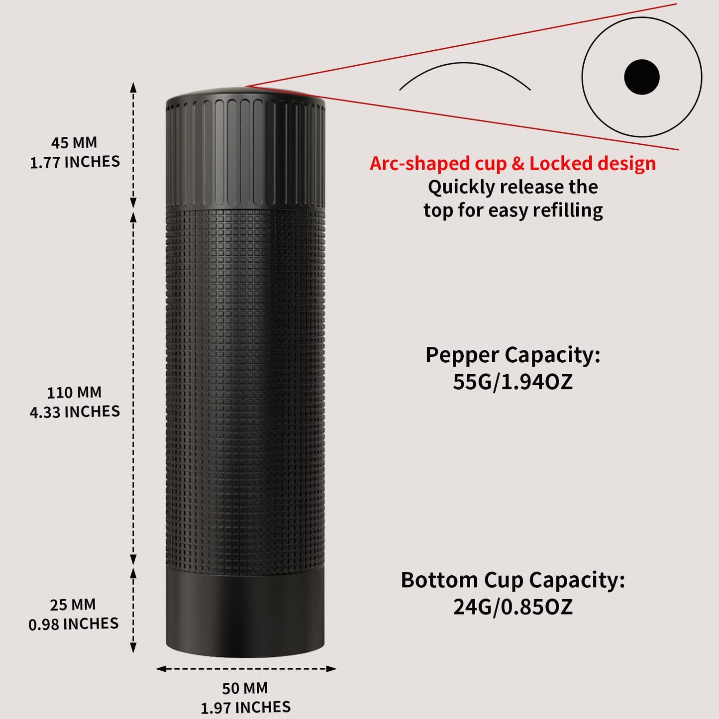 WhiteRhino Professional Pepper Grinder Mill with Top Button Lock,Heavy Duty High Output Aluminum Pepper Mill Refillable,Spice Grinder with Stainless Steel Burrs and Adjustable Coarseness Gift Set