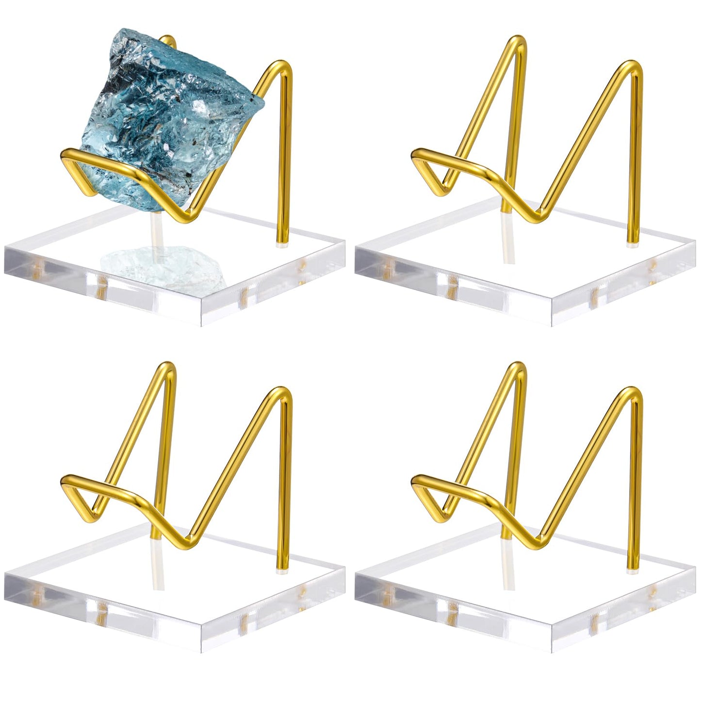 Wenqik 4 Pcs Metal Crystal Display Stand Rock Holder Crystal Display Shelf with Metal Arms Acrylic Pedestal Base for Mineral Gemstone Agate Fossil Coral Geode Jewelry Collectible(Gold,2.5 x 2.5 x 2)