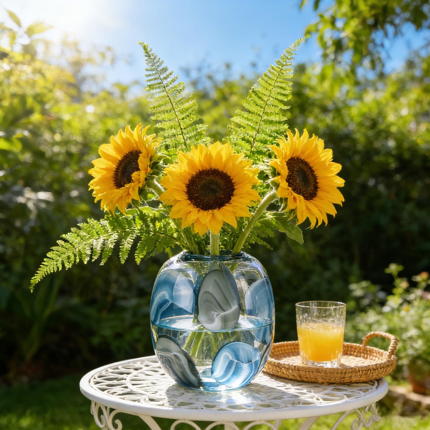 oliruim 8.4" H - Hand Blown Blue Glass Vase, Wide Mouth Round Vase for Flowers, Beautiful Modern Coastal Decor for Home Living Room Bedroom Tabletop Centerpiece (Small)