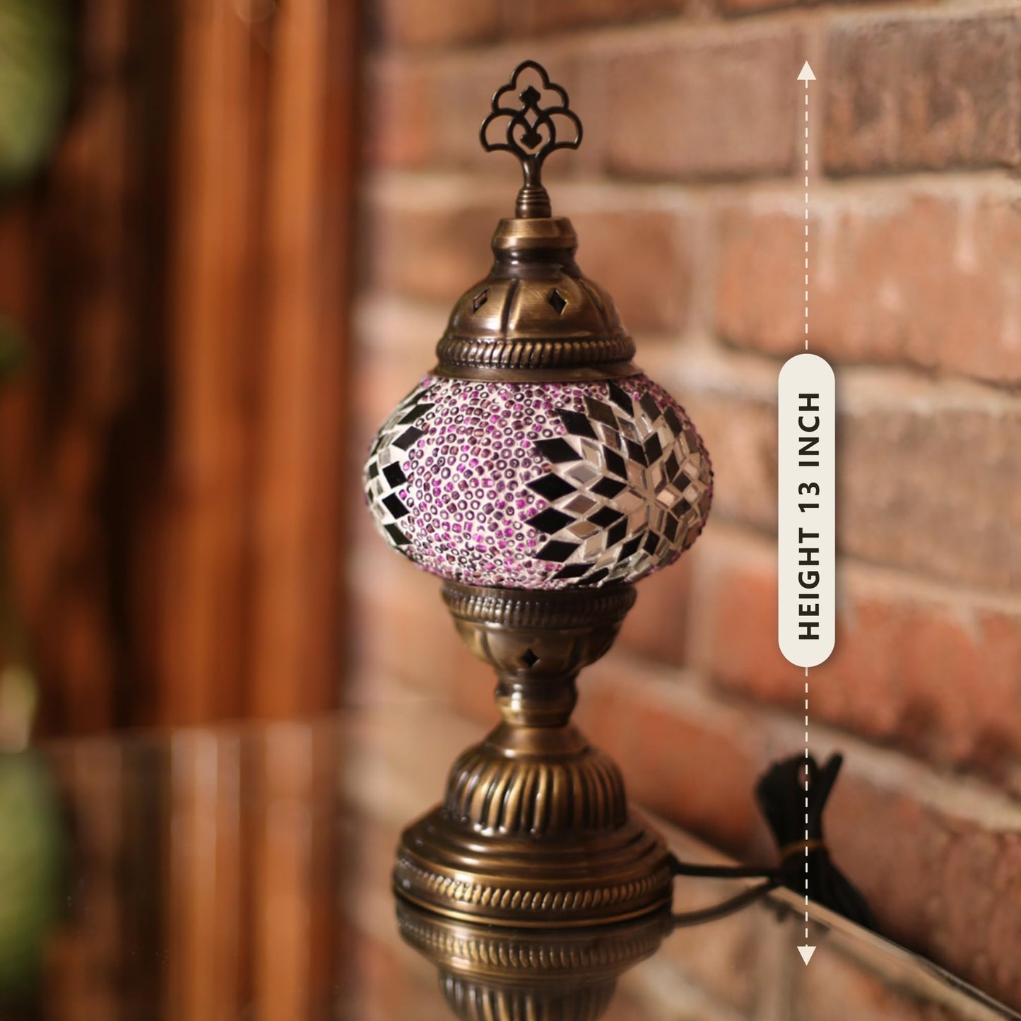VIALVENTA Turkish Purple Mosaic Table Lamp, Handmade, Mosaic Moroccan Table Lighting, 13-Inch Height, 5-Inch Mosaic Glass Globe, Tiffany Light, Night Light, Bedroom and Living Room Lighting