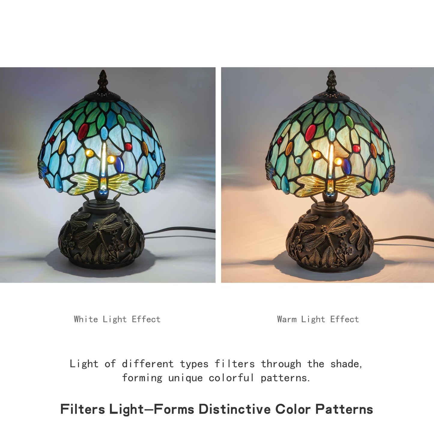 Msrzuds Tiffany Style Stained Glass Mushroom Bedside Table Lamp 8-inch Green Blue Dragonfly Beautiful Shade Nightstand Light for Bedroom Dorm Living Hallway Coffee Table Home Office Housewarming Gift