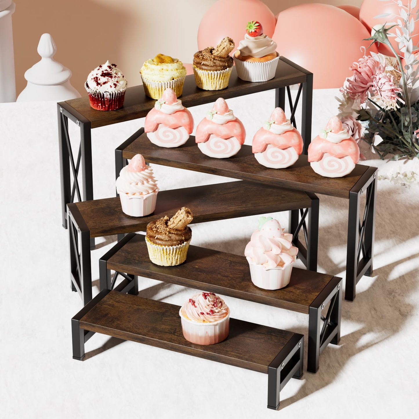 YOOMONA Stackable Wooden Cologne Organizer for Men, 5-Tier Tray Risers Display Makeup Perfume Organizer for Women, Wood Cupcake Stand, Buffet Shelf, Dessert Food Risers, Figure Collectible Stand