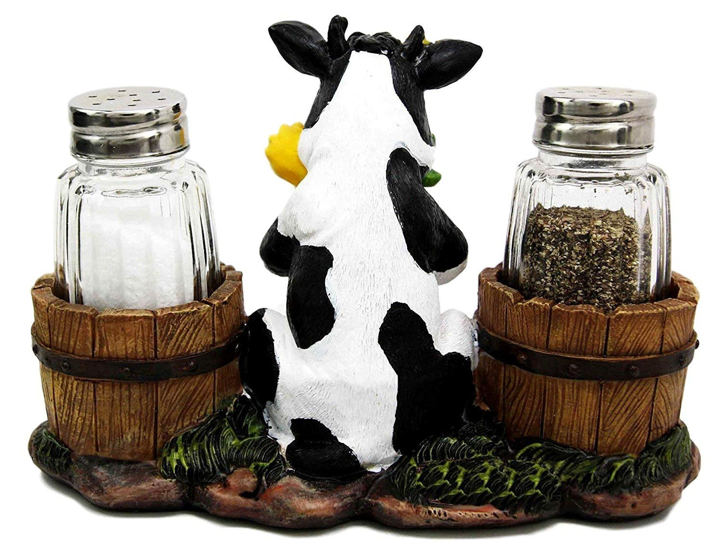 Ebros Set Of 2 Sunflower Bovine Cow With Two Country Barrels Decorative Glass Salt And Pepper Shakers Holder Resin Figurine Milking Cow Country Barrel Statue Kitchen Decor