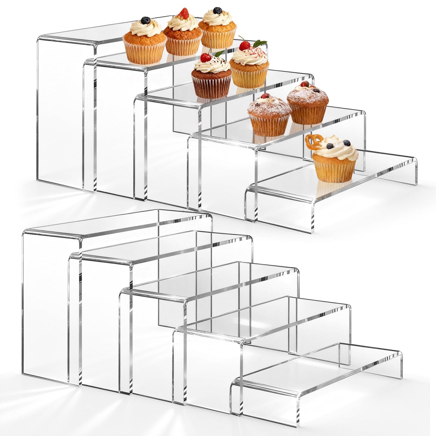 StyEdEk 10 Pcs 2 Set Acrylic Risers 5 Sizes(7" L~9" L) Riser Display Shelf Cupcake Stand Display Cabinet Clear Rectangular Display Stands Set for Figures, Jewelry, Perfume, Dessert Table Display
