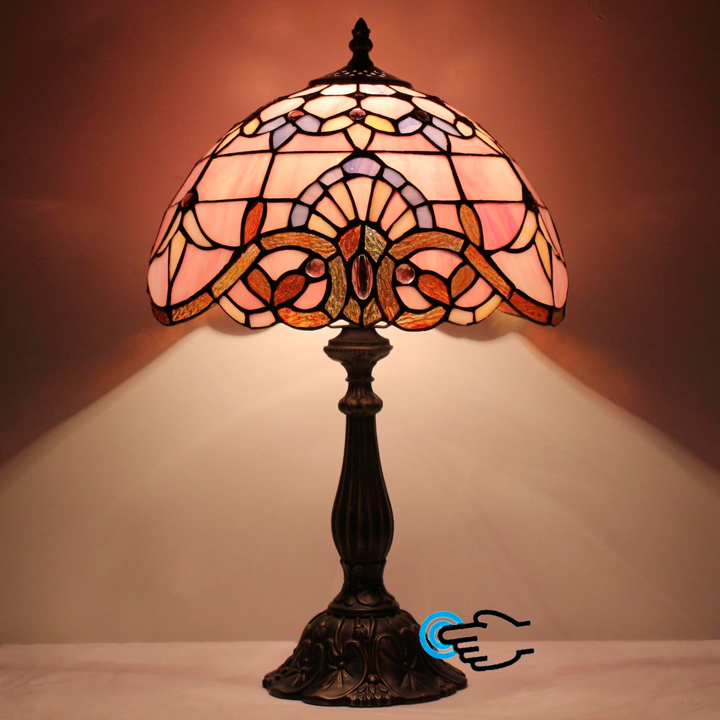 L-Juicwe Tiffany Lamp Touch Control Table Lamp Pink Stained Glass Desk Lamp 12X12X19 Inches Baroque Style Reading Light