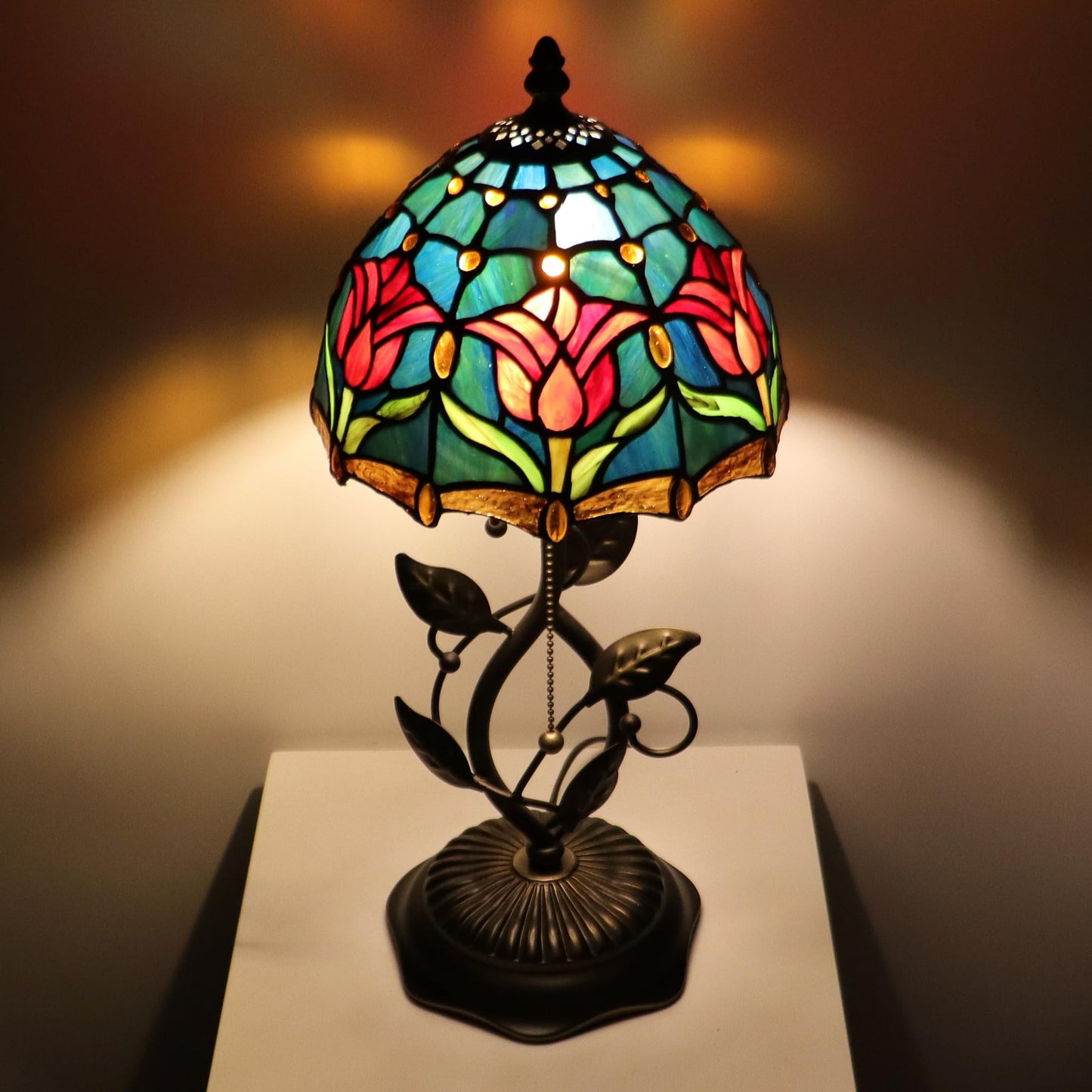 MQYXH Tiffany Style Stained Glass Table Lamp Red Blue Tulip 18 Inch