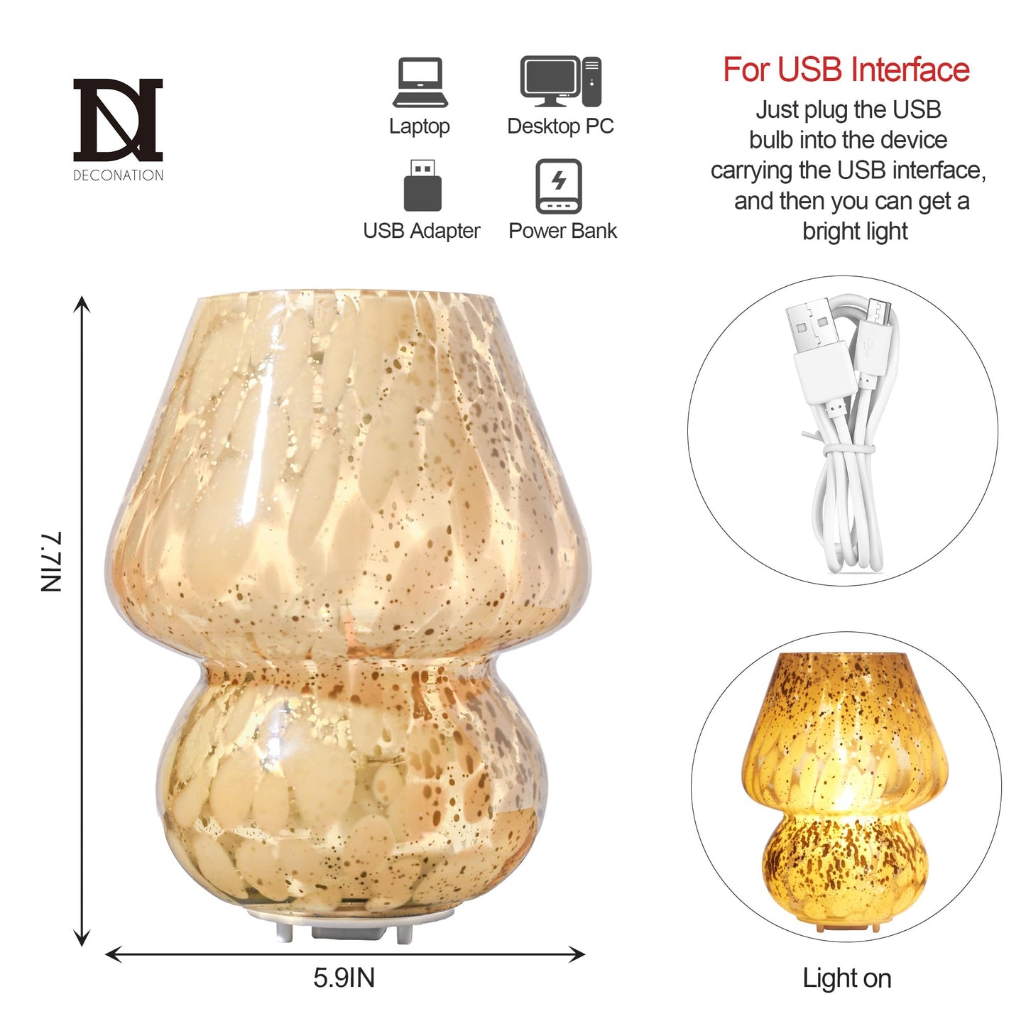 Glass Mushroom Lamp Cordless Table Lamp for Bedroom, Small Desk Bedside Lamps for Living Room, Mushroom Decor Cute Mini Modern Lamps Battery Operated for Night Stands, Aesthetic Home Living Room Decor