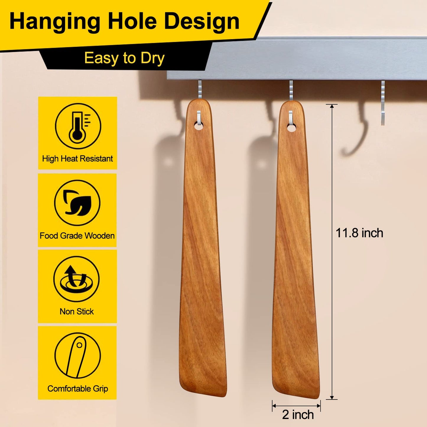 2 Pcs Teak Wood Spatula Set Non Toxic Cooking Utensils Spurtle Kitchen Tools Turner Bamboo Wooden Spatulas for Cooking Spoon Flat Egg Flipper Spatula Kitchen Utensil Set Sourdough Scraper Stirrer