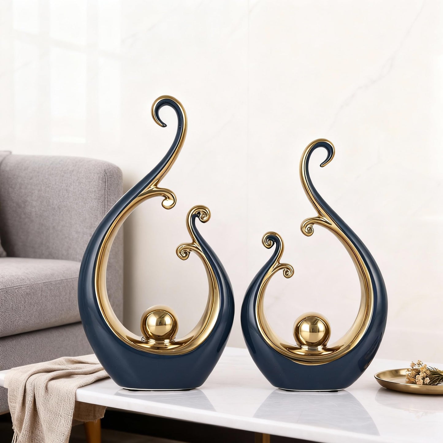 DOVDOV Blue and Gold Home Decor, Abstract Ceramic 2-Piece Sculpture Set, Modern mid-Century Art Statues, Perfect for Accent Tables, countertops, Coffee Tables, and entryway Decor.