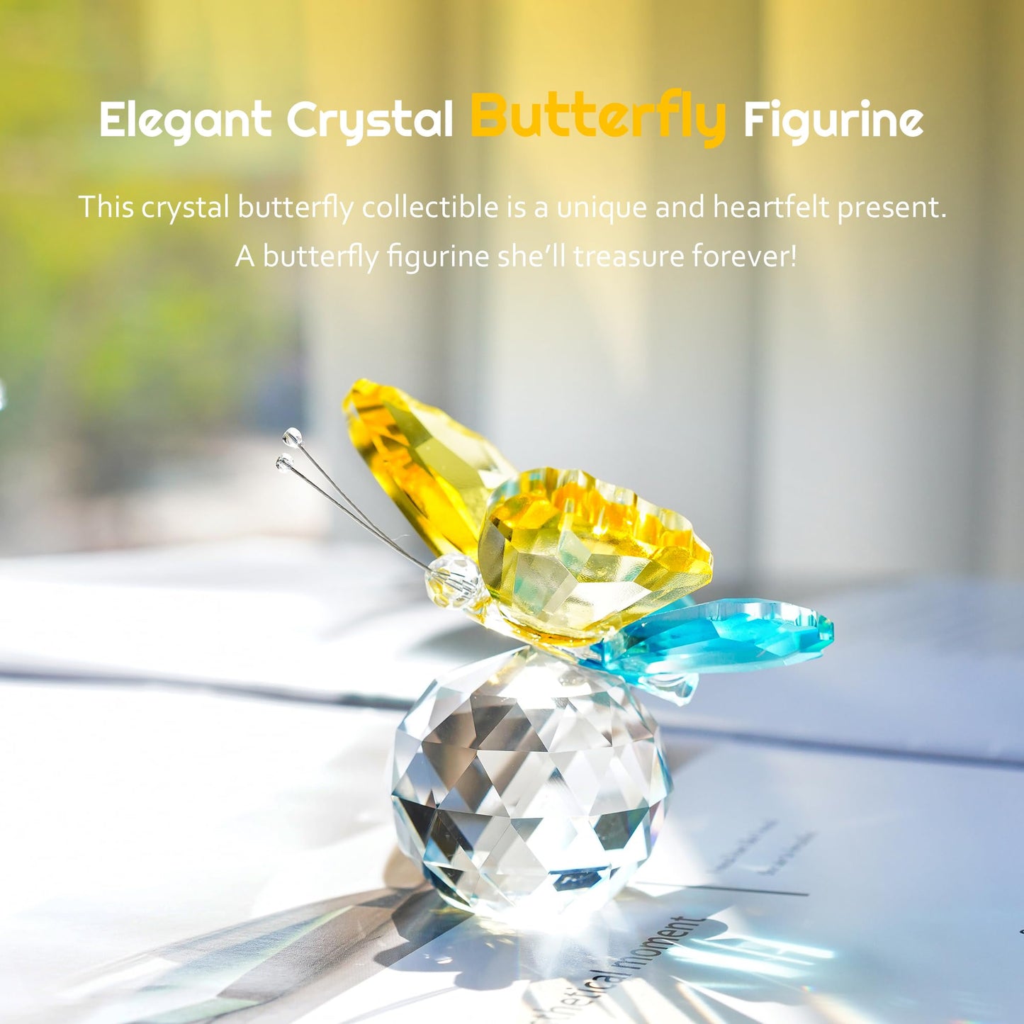 H&D HYALINE & DORA Crystal Butterfly Figurines Gifts for Women, Flying Butterfly Collectible Figurines Paperweights for Tabletop Home Decor (Yellow & Cyan-Blue)