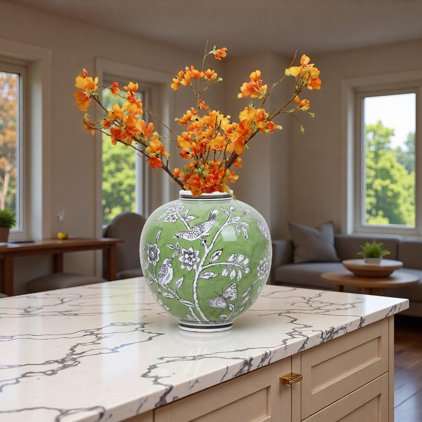 Large Ceramic Vase, 10.8 Inch Green Decorative Vases for Living Room, Hand-Painted Chinoiserie Decor Round Vase with Antique Floral-Bird Pattern, Porcelain Vase for Flowers Arrangement