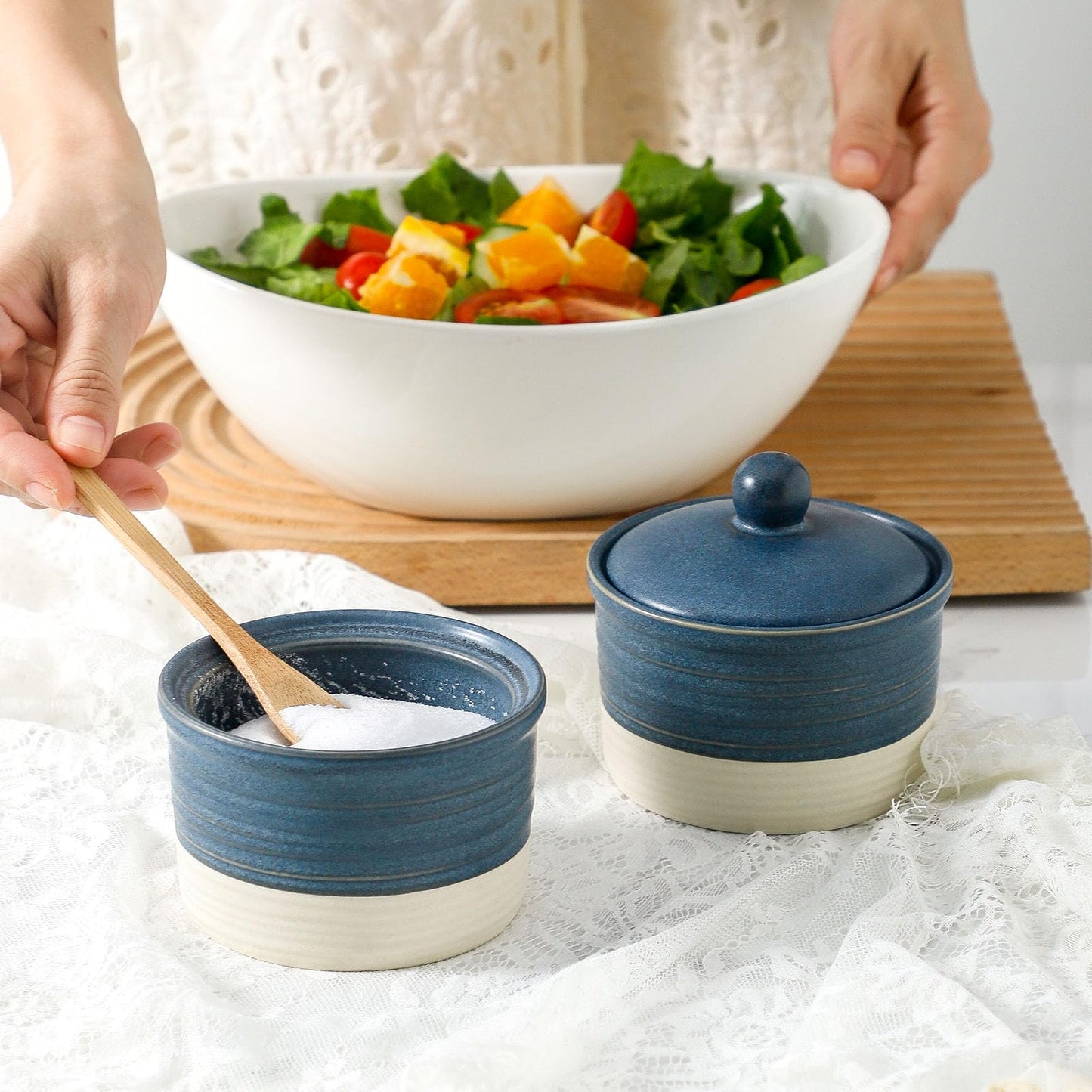 Hasense Salt Cellar Set, Ceramic Salt Box with Lid, 9 oz Stacked Salt Pepper Container for Countertop, Small Spice Bowls for Salt Pepper Sugar, Christmas Gift Ideas, Set of 2, Deep Blue