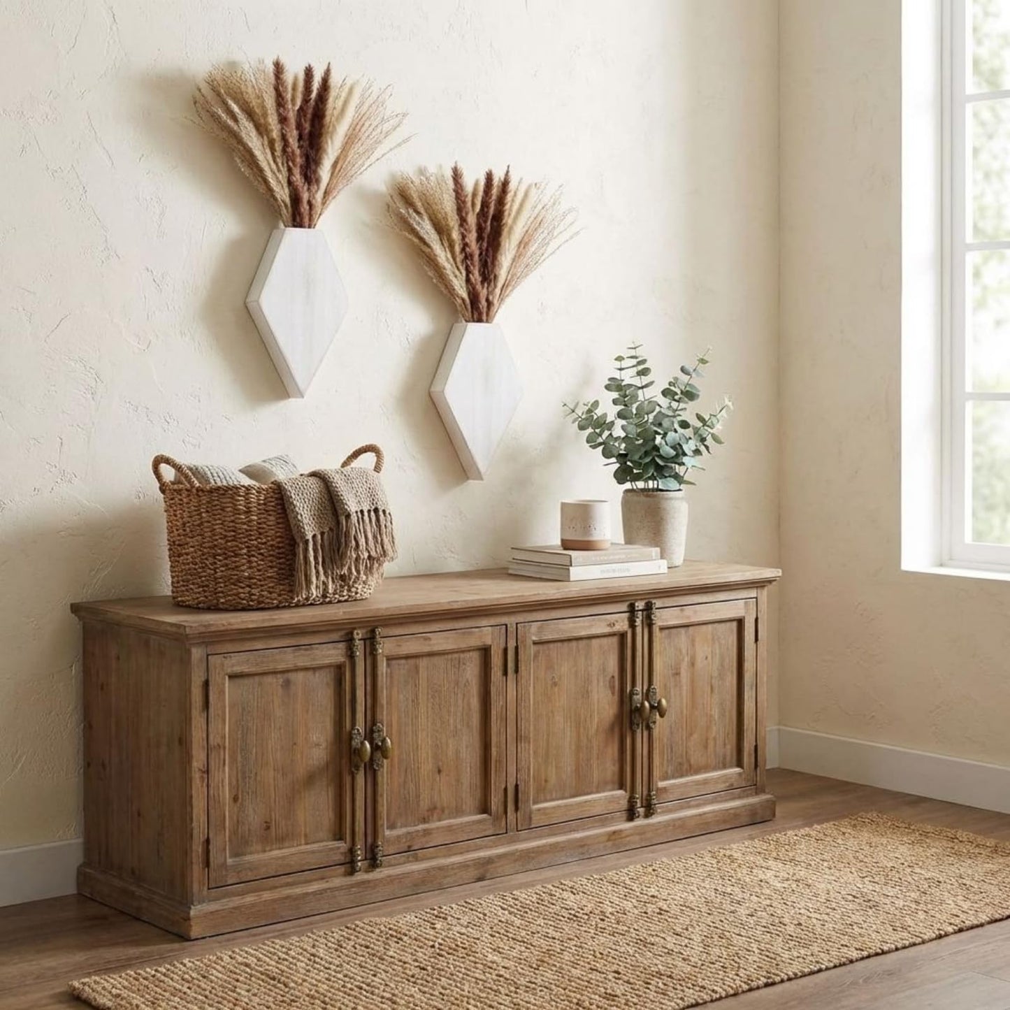 Fiwochic 2 Pcs Bohemian Wooden Wall Planter Set with Pampas Grass Modern Farmhouse Wall Decor for Living Room, Bathroom, Bedroom, Office(White Distressed,Regular Style)
