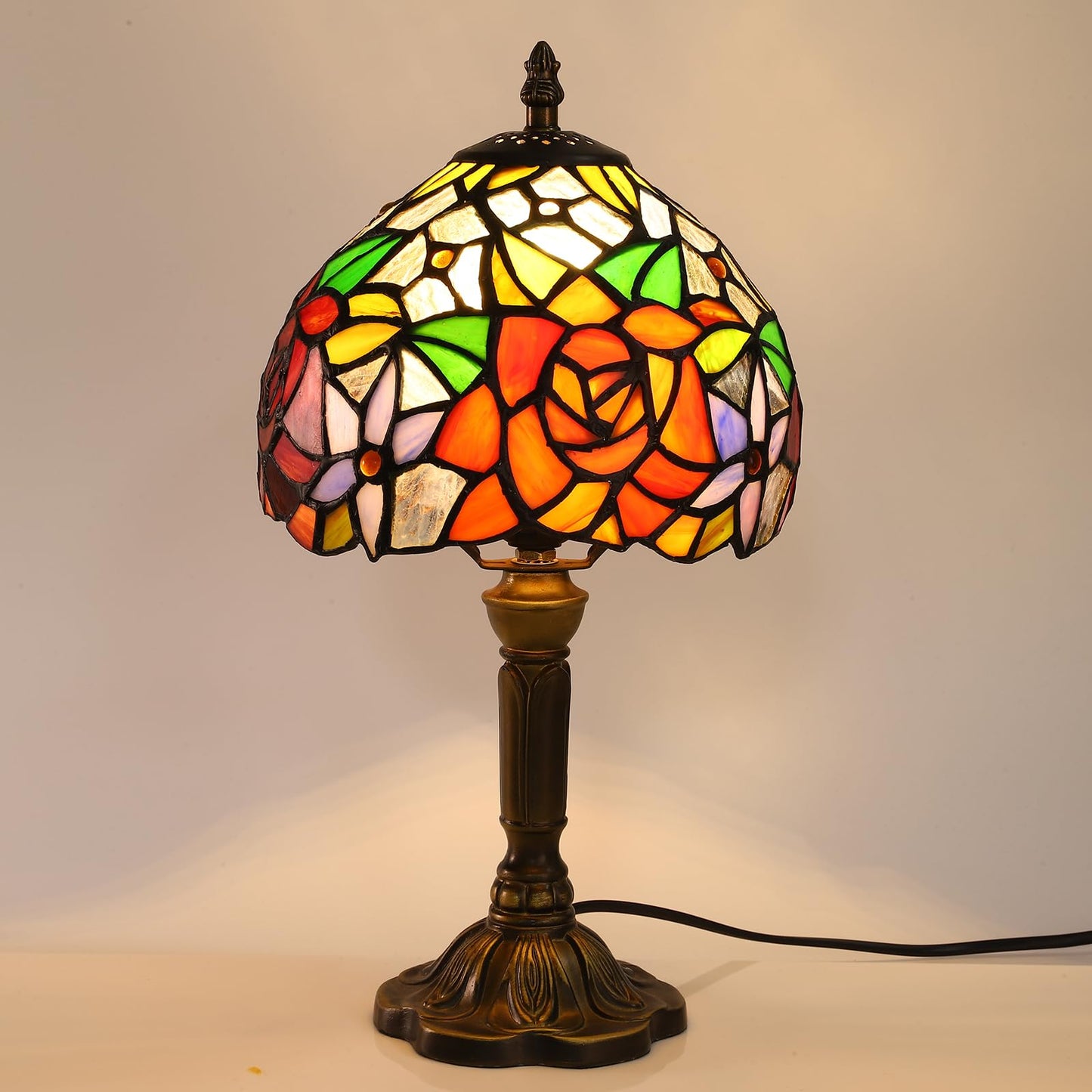 FUMAT Rose Tiffany Small Table Lamp 3 Way Color Temperatures Stained Glass Bedside Nightstand Table Lamps for Living Room,Bedroom, Home Office Reading Desk Lamp+LED Bulb,8X8X15 Inch