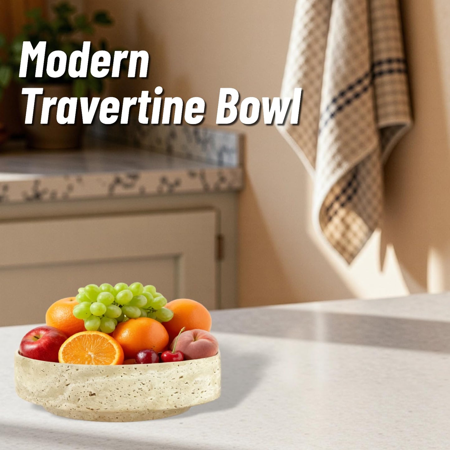 Natural Travertine Decorative Bowl, 7.87" x 2.16" Round Stone Fruit Bowl for Kitchen Counter, Modern Marble Key Bowl for Entryway Table, Stone Catchall Tray for Jewelry, Candy, Home Decor Centerpiece