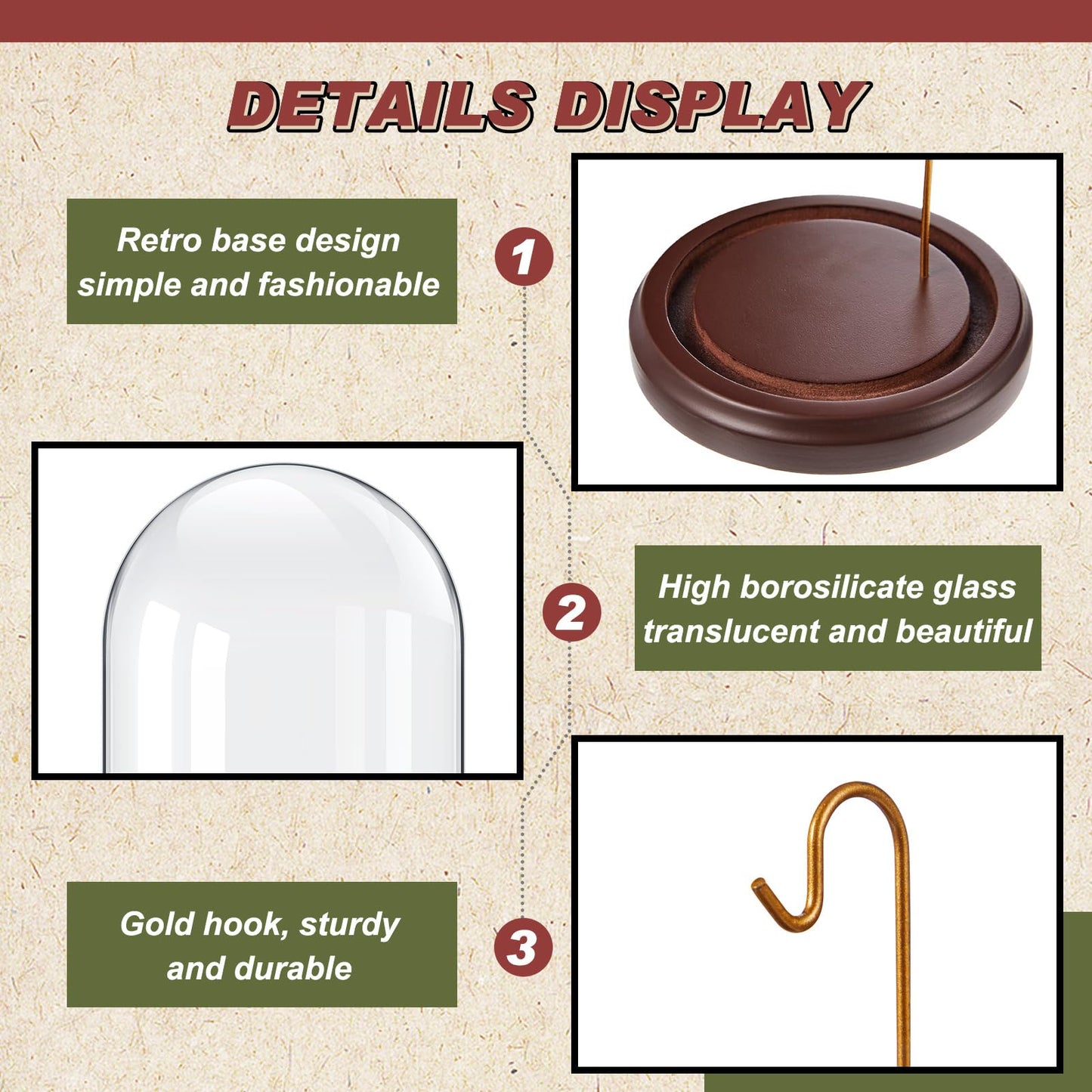 Beeveer 2 Pcs Glass Display Dome, Clear Cloche for Pocket Watch with Wood Base and Hooks, and Display Case for Watch, Medals, Collectibles(Reddish Brown,3" X 4",Dome Style)
