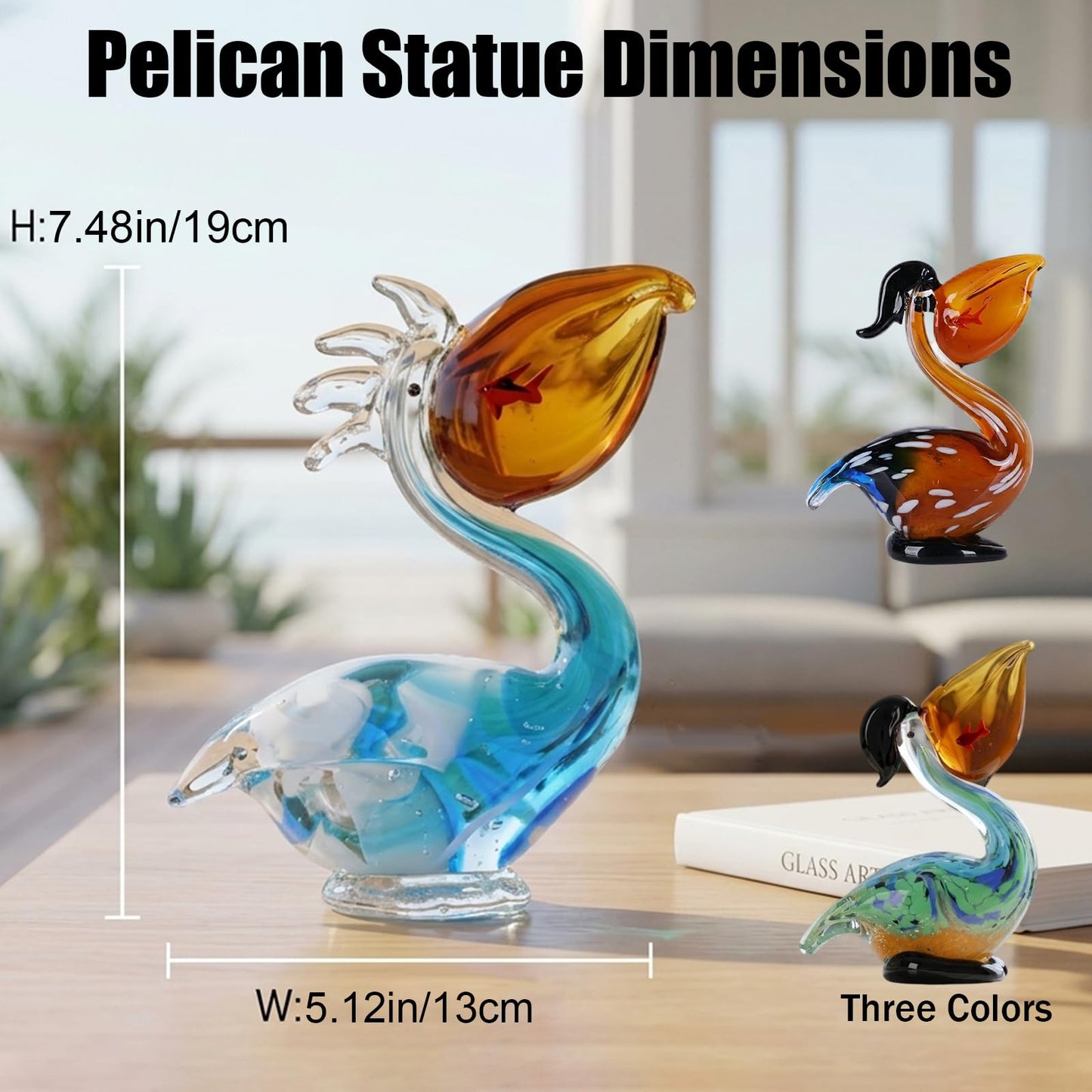LINYTHER Pelican Figurine, Hand Blown Glass Pelican Figurine Coastal Bird Animal Statue Sculpture for Beach Nautical Home Decor, Art Glass Pelican Ornament for Shelf Tabletop, Gifts for Women