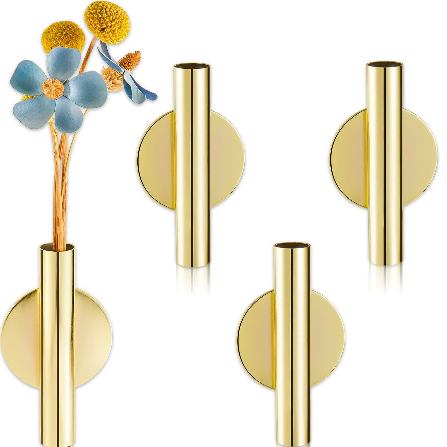 Jetec 3 Pcs Gold Metal Wall Vases Metal Hanging Plant Holder Wall Mounted Flower Vases Planter for Flowers Boho Hanging Tube for Display Home Decoration Art Decor
