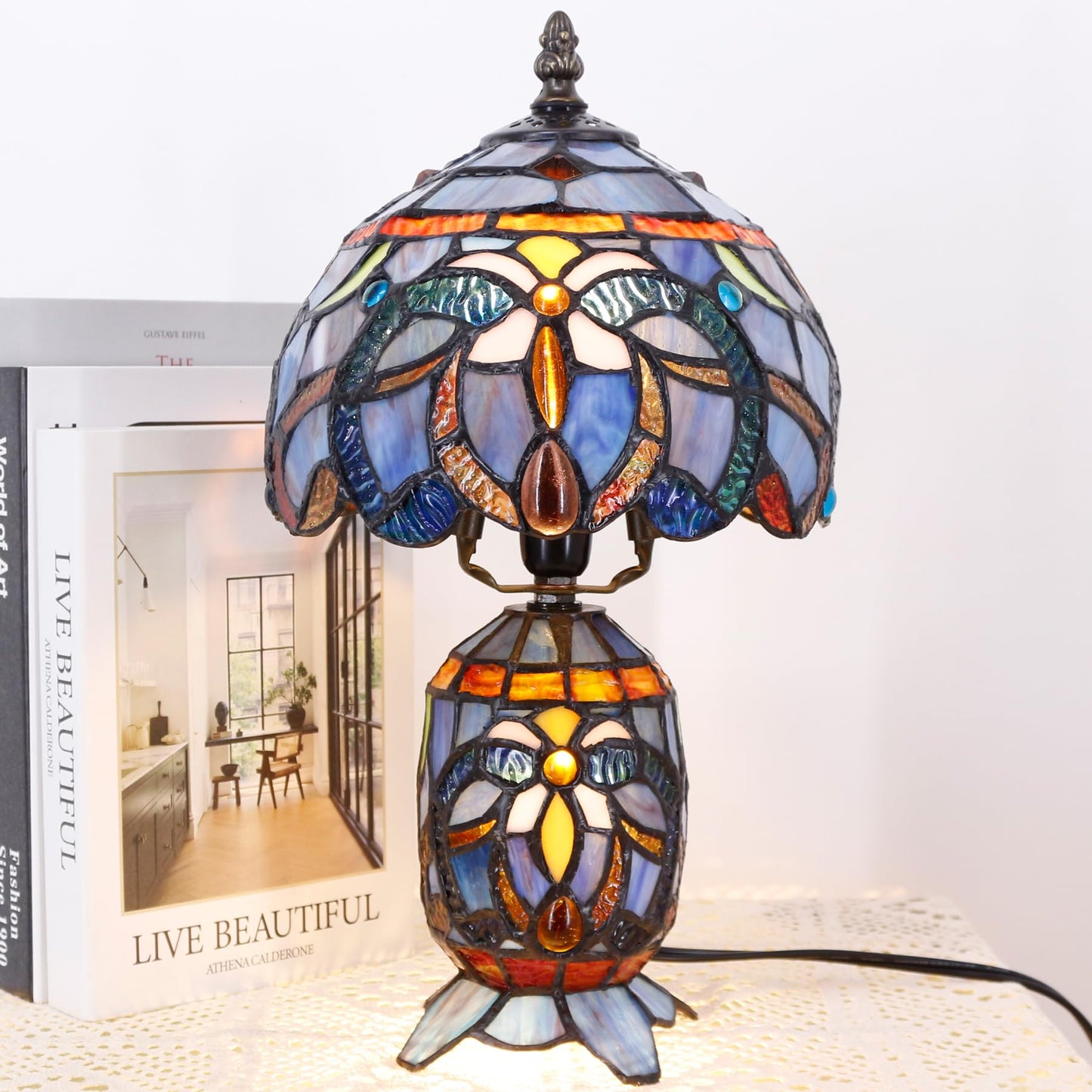 TCODTPOL Small Tiffany Stained Glass Table Lamp 8X14 Inches (Blue Purple)