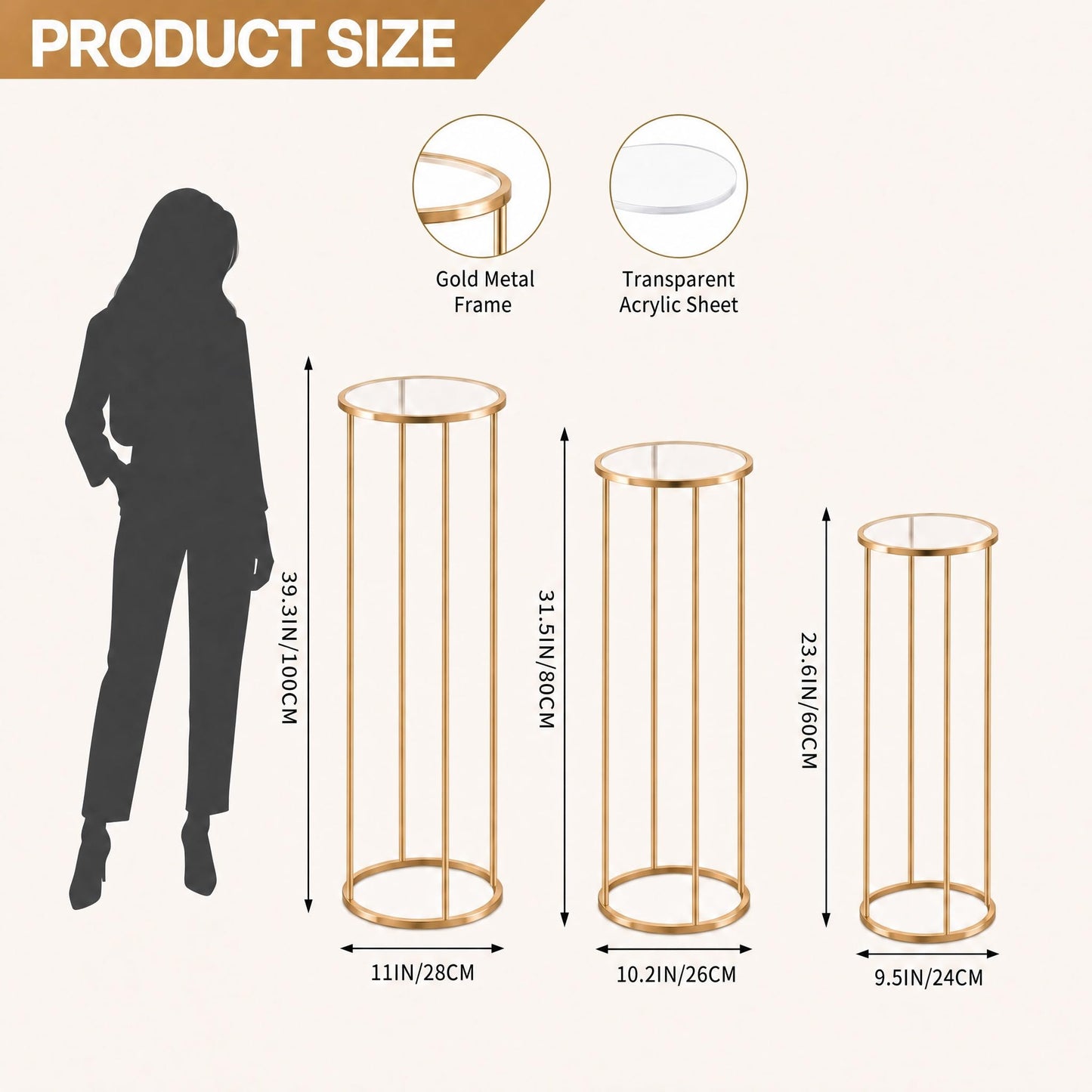 Hafyow 3PCS Round Cylinder Pedestal Stands Set, Gold Metal Display Columns with Removable Acrylic Tops, Sturdy Iron Nesting Risers for Wedding Party Dessert Table, Floral Vases and Event Decor (23.6", 31.5", 39.3" Heights)