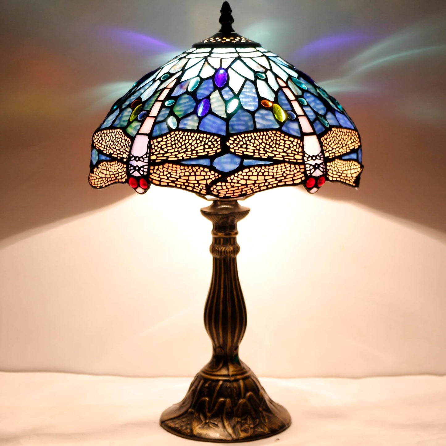 WERFACTORY Tiffany Table Lamp Blue Stained Glass Dragonfly Style Desk Light