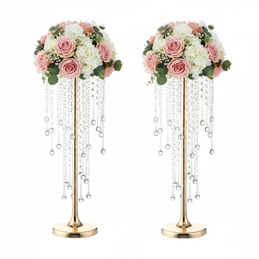 21.7in Tall Gold Vases for Table Centerpieces - 2pcs of Metal Flower Stands with Sparkling Crystal Beads, Elegant Flower Vases for Anniversary Birthday Party Christmas Event Wedding Home Decor
