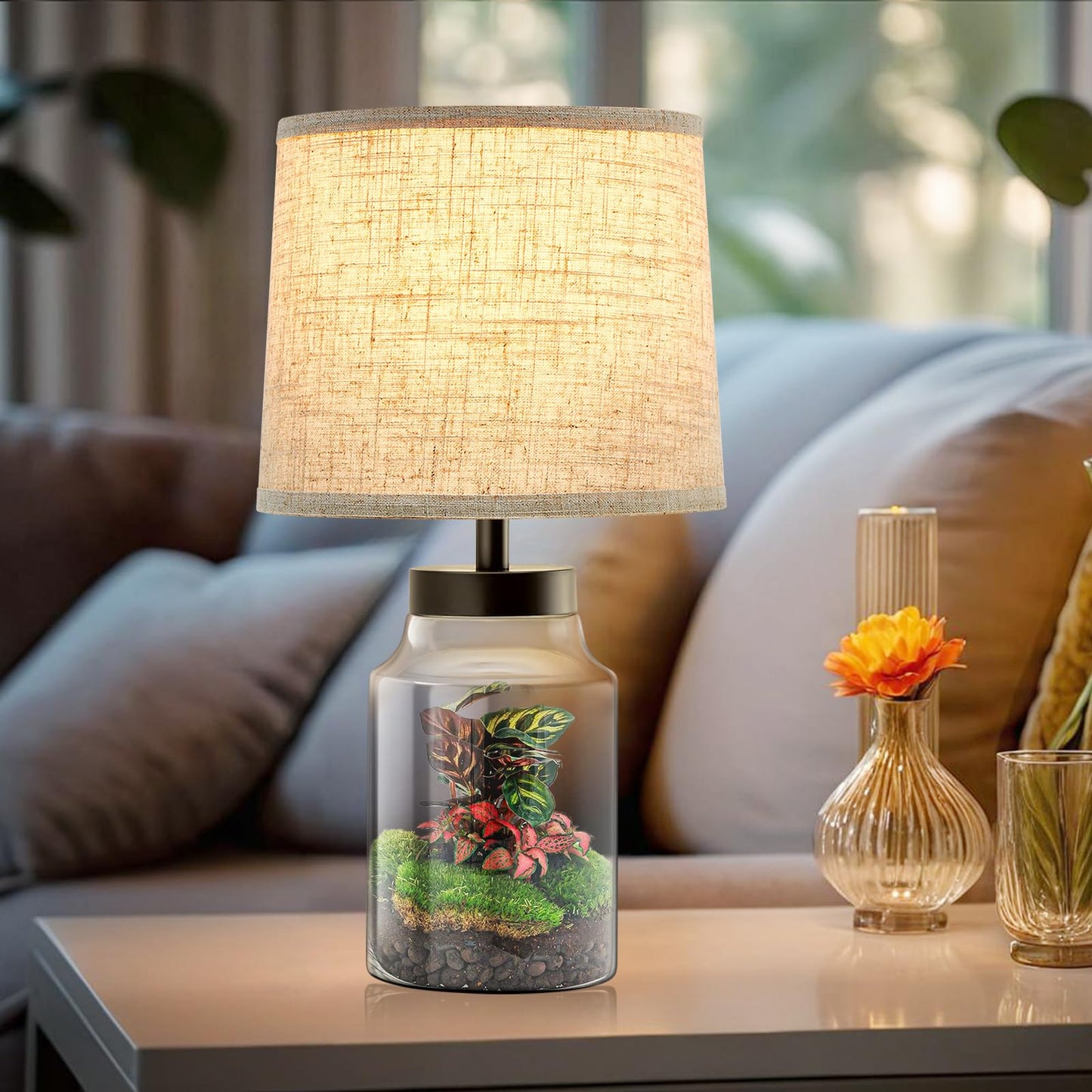 GyroVu Table Lamp Set, Fillable Table Lamp with Clear Glass Nightstand Lamp Set of 2 Beside Lamp for Living Room Bedrooms Office Bulbs Included(Oat Lampshade)