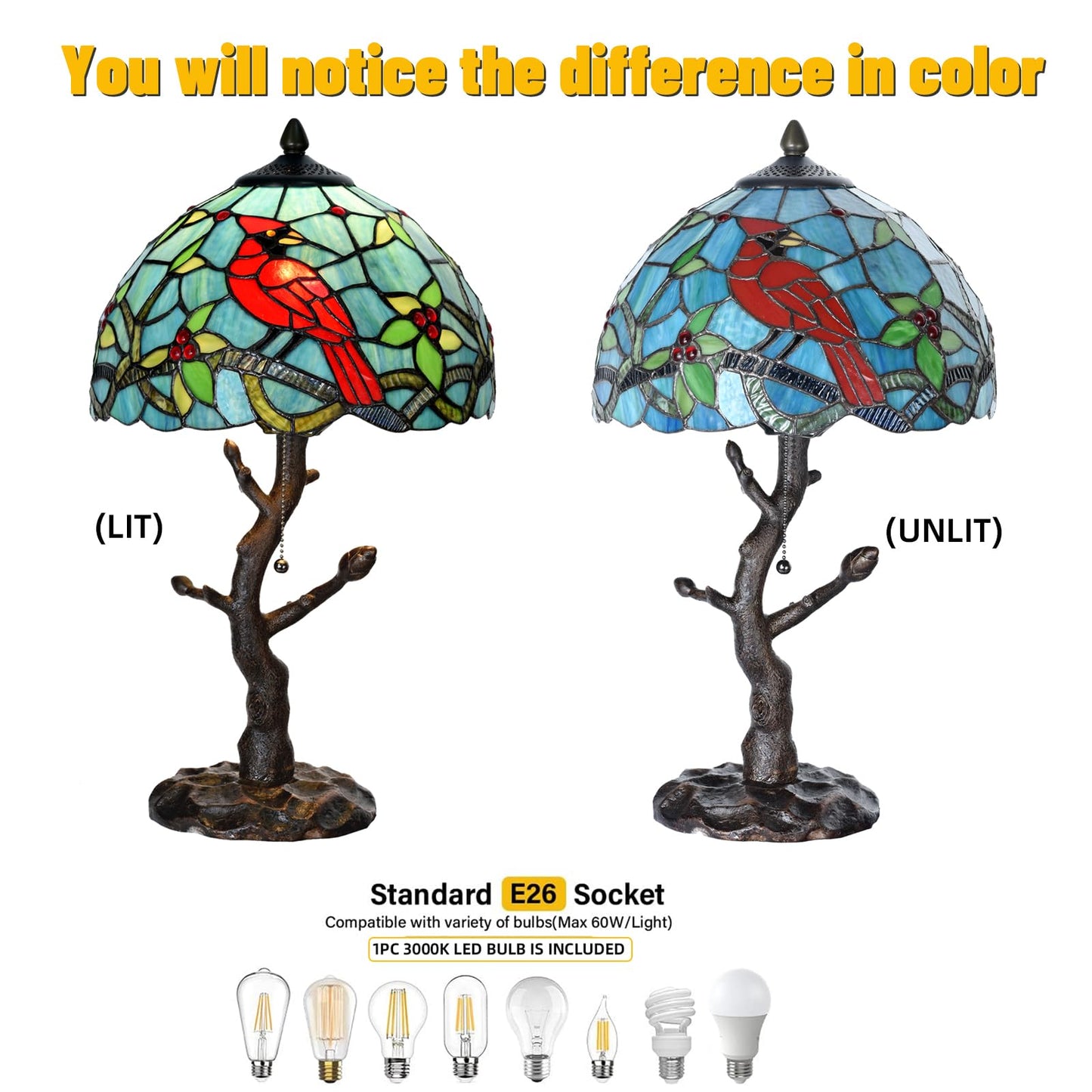 HomeBeauty TL0035 Tiffany Style Stained Glass Table Lamp, Cardinal Bird Desk Lamp with Branch Base, W 12" x OH 21", Great for Home Decor & Night Lighting, LED Bulb Included (Red Cardinal)