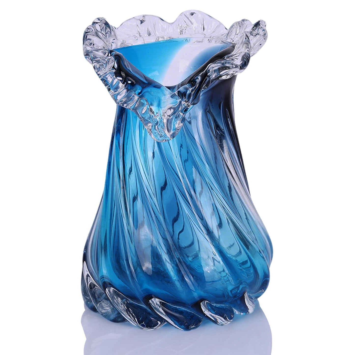 Hand-Blown Blue Glass vase, Wide-Mouth Decorative vase, Blue Glass vase, Suitable for centerpieces on Dining Tables, Living Room Coffee Tables, TV Stands, entryway Decor, and Office Desk Accents.(S)