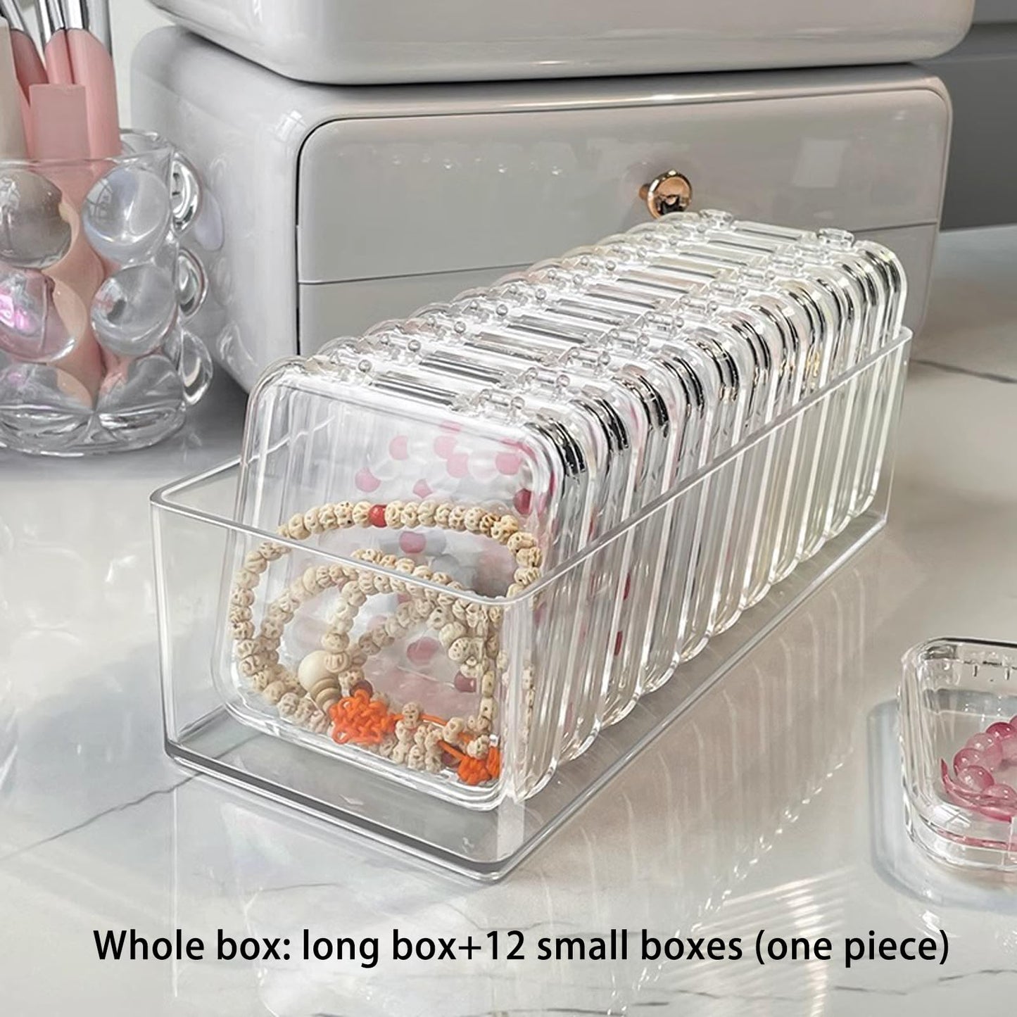Acrylic jewelry box, crystal storage box, crystal bracelet transparent desktop storage box, portable jewelry box, a long box (9*3.5*2.4 inches) and 12 small boxes (3.4*3.4*0.6 inches).