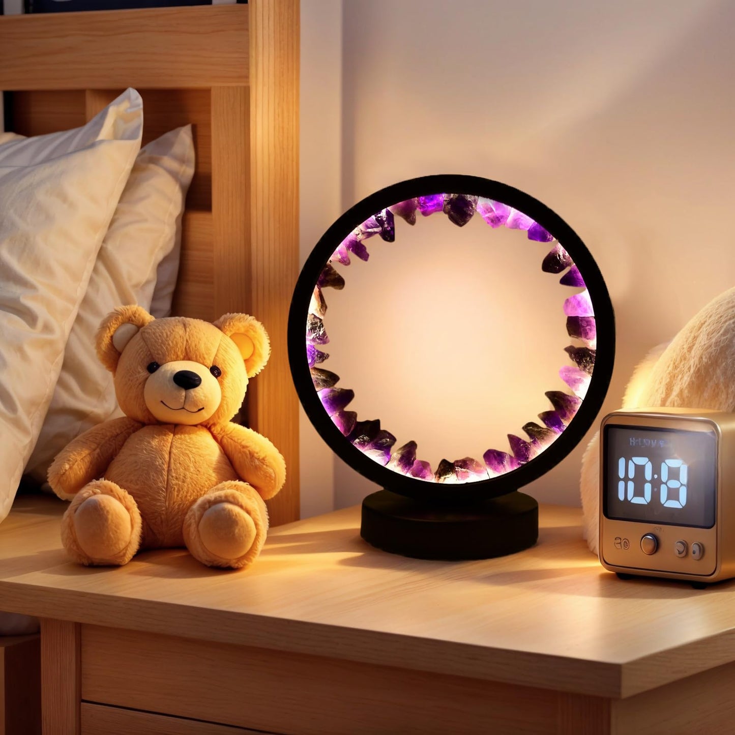 RUIJINGYUAN Natural Amethyst Night Light - 7.9" Healing Crystal Lamp, USB Powered, 3 Light Modes with Dimming Function, Bedside Lamp, Suitable for Bedroom, Living Room Furniture Decoration Gift