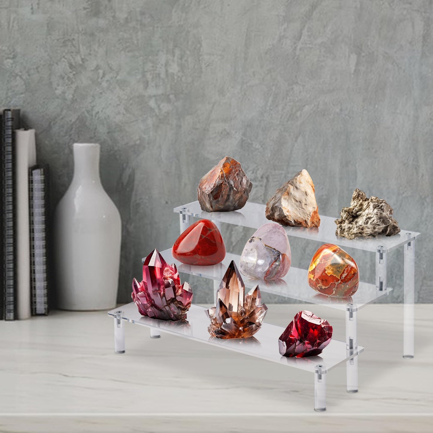 Hoewina 2PCS Acrylic Risers Display Stands, 3 Tier Perfume Organizer Display Shelf & Versatile Cupcake Stand Holder, Display Risers for Figures, Dessert Shelves for Party for Decoration and Organizer