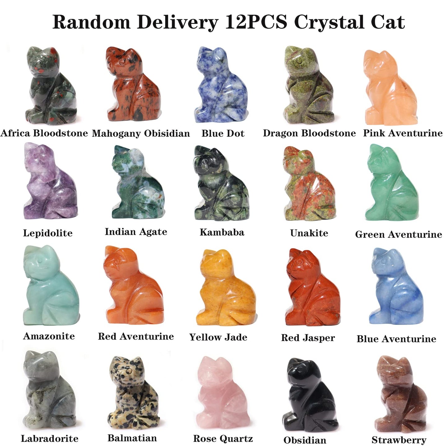WHAL&YUNE Mix 12Pcs Gemstone Cat Statue Figurine Collectible, 1.5 Inch Crystal Sitting Cat Statues Fengshui Decor, Natural Hand Carved Animal Stone Sculpture for Gifts, Home Decoration